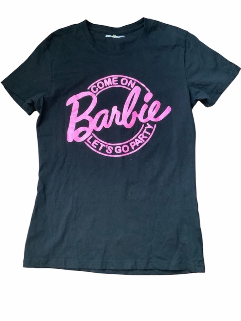 BARBIE X JAYNE FASHION Glitter Pink Scoop Neck Black T-Shirt Women’s Size Small